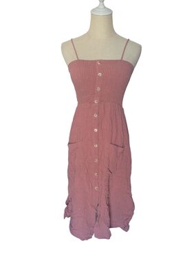 One Clothing Smocked Linen Blend Spaghetti-Strap Midi Dress in Dusty Rose Small